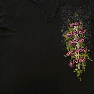 Vintage New Orleans JazzFest Black Hooded T-Shirt w/NOJHF Vertical Banner